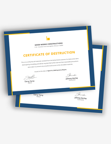 Simple Certificate of Destruction