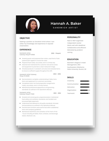 Simple Sandwich Artist Resume